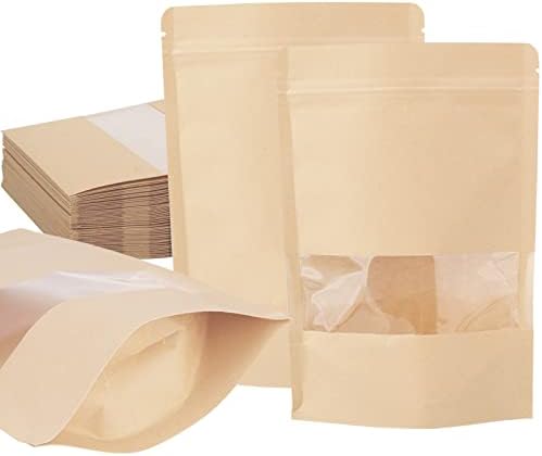 50 Db Állni Kraft Papír Táskák, Ablak, Resealable Zip-Zár Élelmiszer-Tároló tasak,Pékség Zsák kávét zsák cukrot táskák zárható