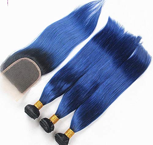 HairPR Ombre Haj Vetülékfonallal Remy Indain Szűz Emberi Haj 16bezárása(4x4-es)+182022vetülékfonallal 1B/Kék Selyem Egyenesen