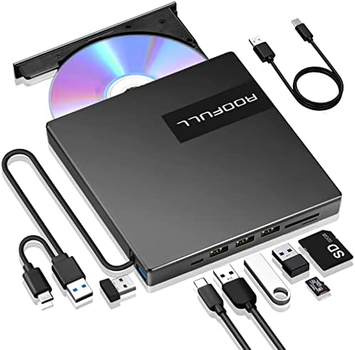 ROOFULL Külső CD-t, DVD +/-RW Meghajtó, 4 USB Port & SD/TF Kártya foglalat, 8 az 1-ben Prémium USB 3.0 C-Típusú CD/DVD Optikai