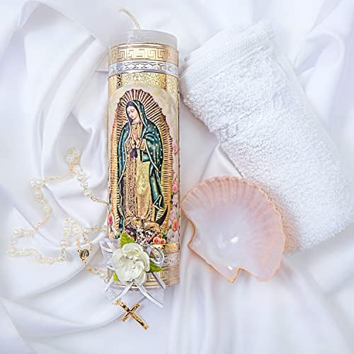 Cuitáxi Keresztelő Gyertya Szett a Fiúk, a Lányok, A Virgen de Guadalupe Gyertya, Rózsafüzér, Törölköző, Műanyag Héj Tartalmazza